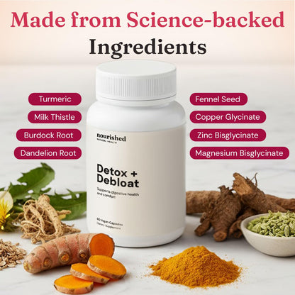 Nourished Natural Health Detox + Debloat - Detox Cleanse and Bloating Relief for Women - Liver and Digestive Support with Milk Thistle, Dandelion, Fennel & Turmeric - Maple Wellness Supplements