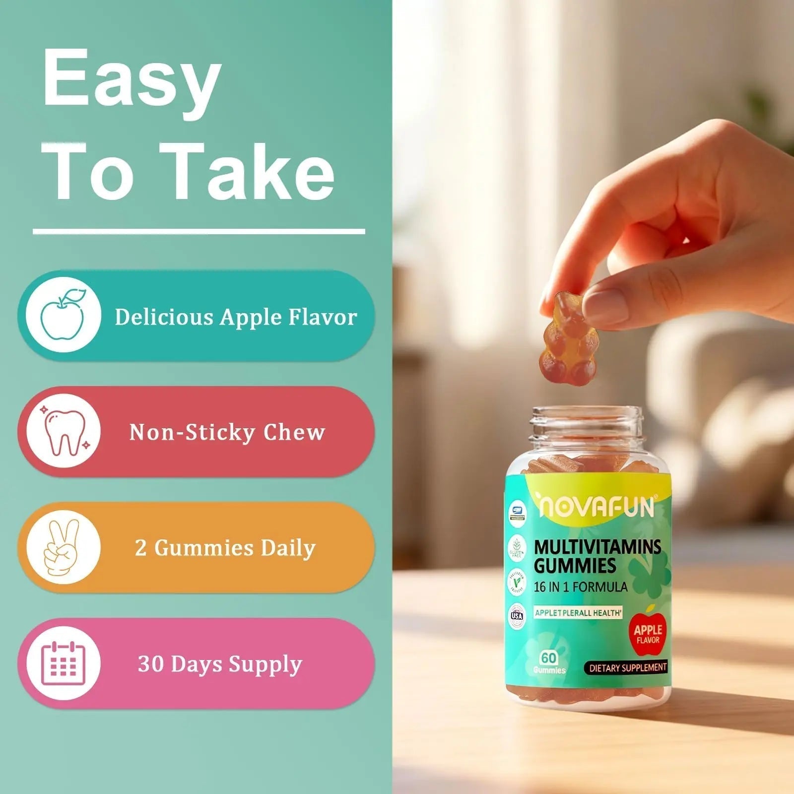 Novafun Multivitamin Gummies,16-in-1 Multi Vitamin Supplements for Women, Men & Kids, Essential Vitamins & Minerals - Maple Wellness Supplements
