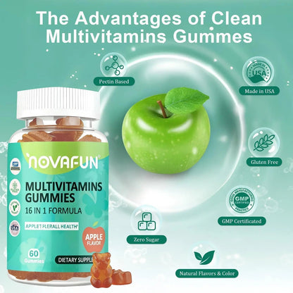 Novafun Multivitamin Gummies,16-in-1 Multi Vitamin Supplements for Women, Men & Kids, Essential Vitamins & Minerals - Maple Wellness Supplements