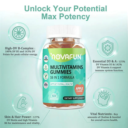 Novafun Multivitamin Gummies,16-in-1 Multi Vitamin Supplements for Women, Men & Kids, Essential Vitamins & Minerals - Maple Wellness Supplements