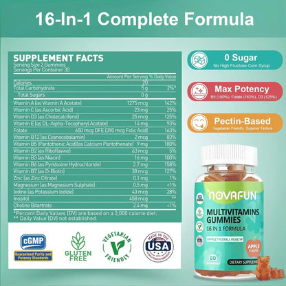 Novafun Multivitamin Gummies,16-in-1 Multi Vitamin Supplements for Women, Men & Kids, Essential Vitamins & Minerals - Maple Wellness Supplements