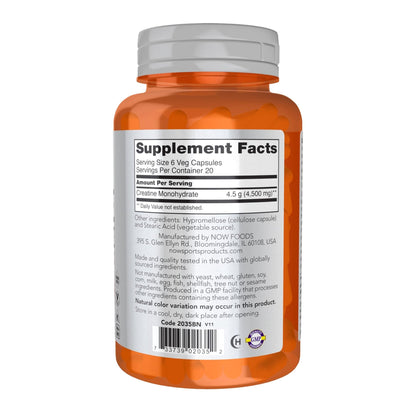 NOW Foods Sports Nutrition, Creatine Monohydrate 750 mg, Mass Building*/Energy Production*, 120 Veg Capsules - Maple Wellness Supplements