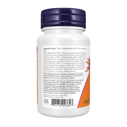 NOW Foods Supplements, Mega D-3 & MK-7 with Vitamins D-3 & K-2, 5,000 IU/180 mcg, Bone & Cardiovascular Support*, 60 Veg Capsules - Maple Wellness Supplements