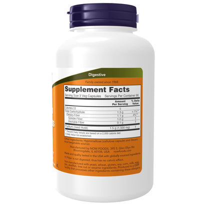 NOW Foods Supplements, Psyllium Husk Caps 500 mg, Non-GMO Project Verified, Natural Soluble Fiber, Intestinal Health*, 200 Veg Capsules - Maple Wellness Supplements