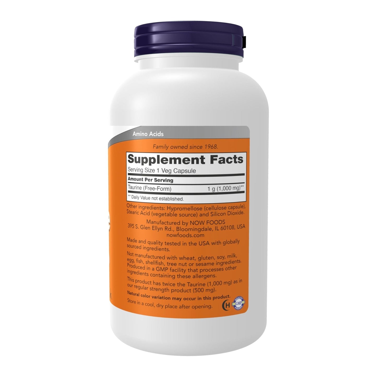 NOW Foods Supplements, Taurine 1,000 mg, Double Strength, Nervous System Health*, 250 Veg Capsules - Maple Wellness Supplements