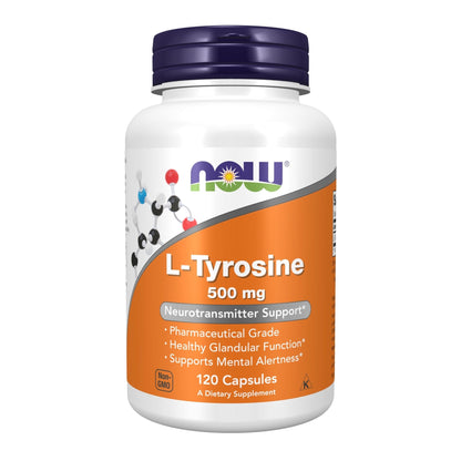 NOW Supplements, L-Tyrosine 500 mg, Supports Mental Alertness*, Neurotransmitter Support*, 120 Capsules - Maple Wellness Supplements