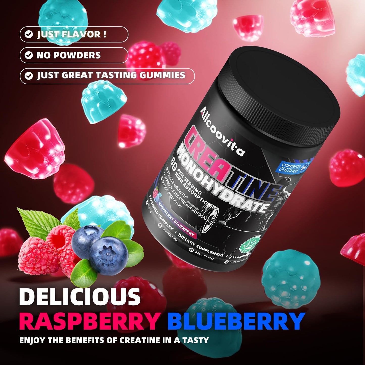 NSF Certified Creatine Gummy 5g - Creatine Monohydrate Gummies for Men & Women. Boost Focus,Strength, and Endurance, Anti-Melting Formula, Vegan, Gluten-Free, Non-GMO,(Raspberry & Blueberry 135 ct) - Maple Wellness Supplements