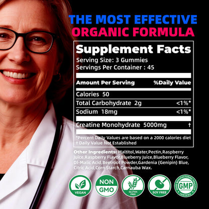 NSF Certified Creatine Gummy 5g - Creatine Monohydrate Gummies for Men & Women. Boost Focus,Strength, and Endurance, Anti-Melting Formula, Vegan, Gluten-Free, Non-GMO,(Raspberry & Blueberry 135 ct) - Maple Wellness Supplements