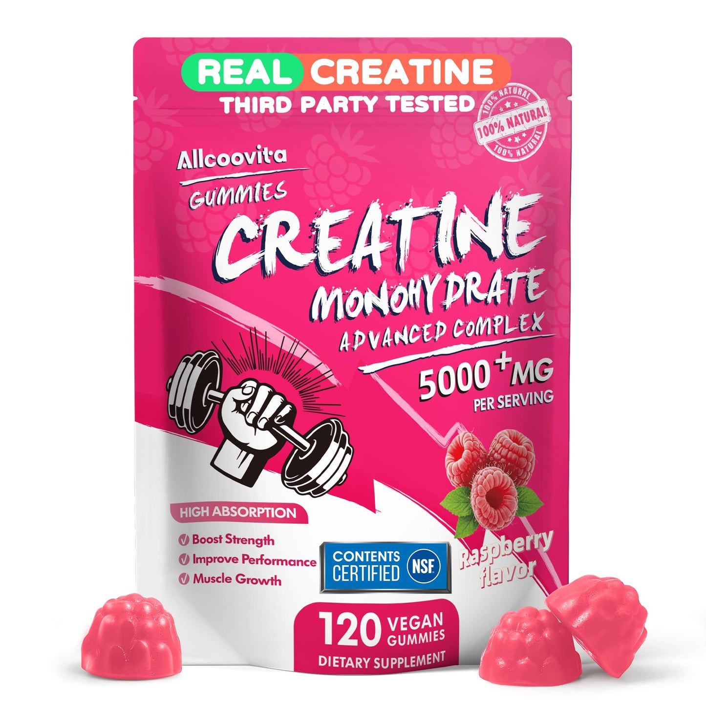 NSF Certified Creatine Gummy - Creatine Monohydrate Gummies 5000mg for Men & Women -120 Gummies Advanced Formula, Muscle Strength, Muscle Builder, Energy Boost, Pre-Workout Supplement-Raspberry - Maple Wellness Supplements