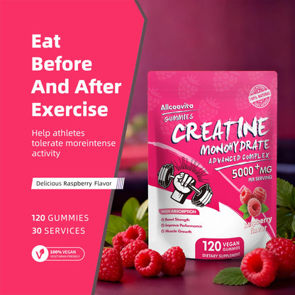 NSF Certified Creatine Gummy - Creatine Monohydrate Gummies 5000mg for Men & Women -120 Gummies Advanced Formula, Muscle Strength, Muscle Builder, Energy Boost, Pre-Workout Supplement-Raspberry - Maple Wellness Supplements
