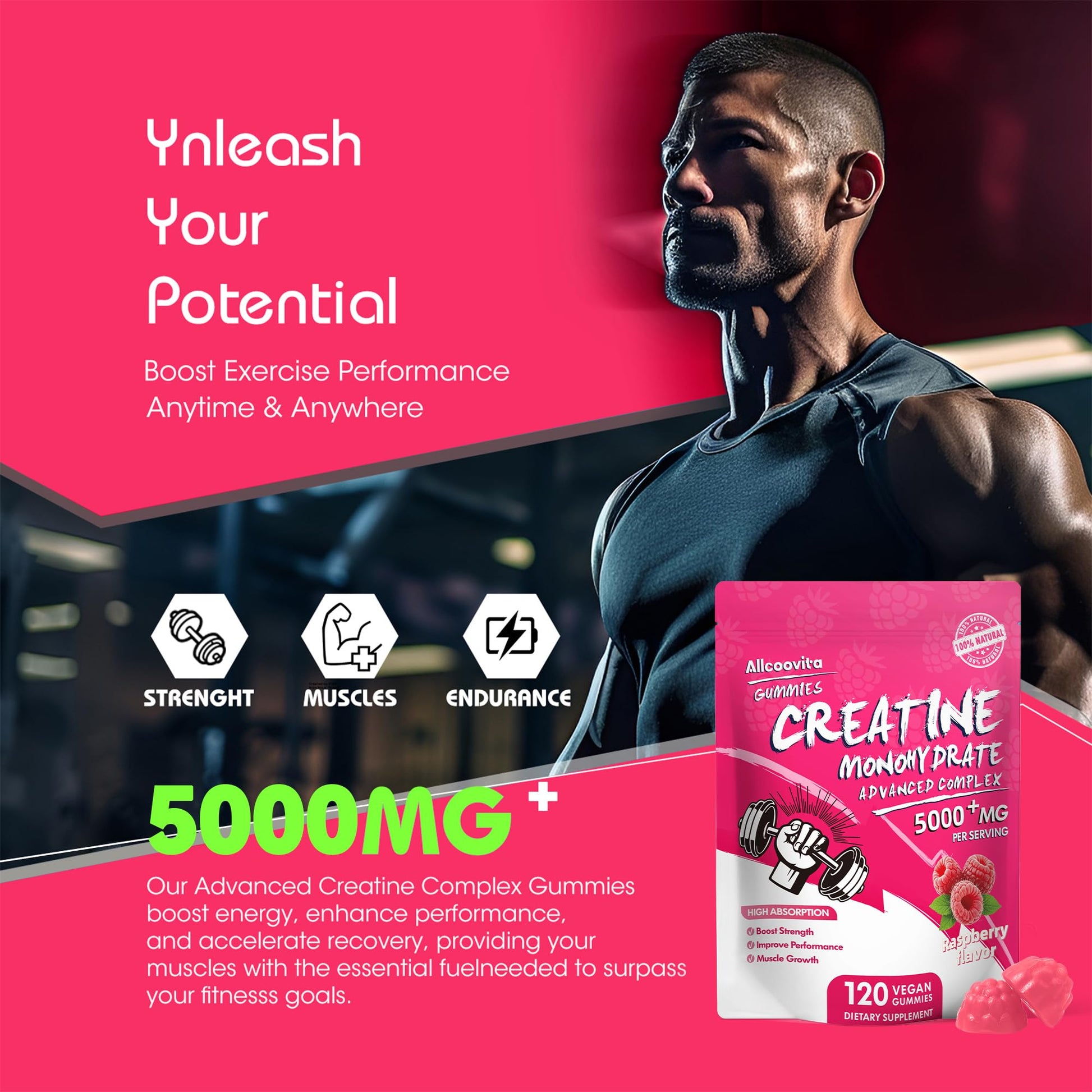 NSF Certified Creatine Gummy - Creatine Monohydrate Gummies 5000mg for Men & Women -120 Gummies Advanced Formula, Muscle Strength, Muscle Builder, Energy Boost, Pre-Workout Supplement-Raspberry - Maple Wellness Supplements