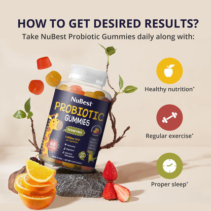NuBest Daily Probiotic Gummies for Kids & Teens with 5 Billion CFUs | Supports Immune, Gut, and Digestive Health | No Added Sugar | Yummy Strawberry - Maple Wellness Supplements