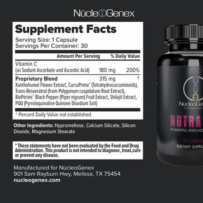 Nucleogenex - Nutralize - The Key to Supporting a Healthy Aging Process and Immune System - Potent Blend for Powerful Cell Protection - Xanthohumol, CurcuPrime, C-60 Complex, PureQQ - 30 Capsules - Maple Wellness Supplements