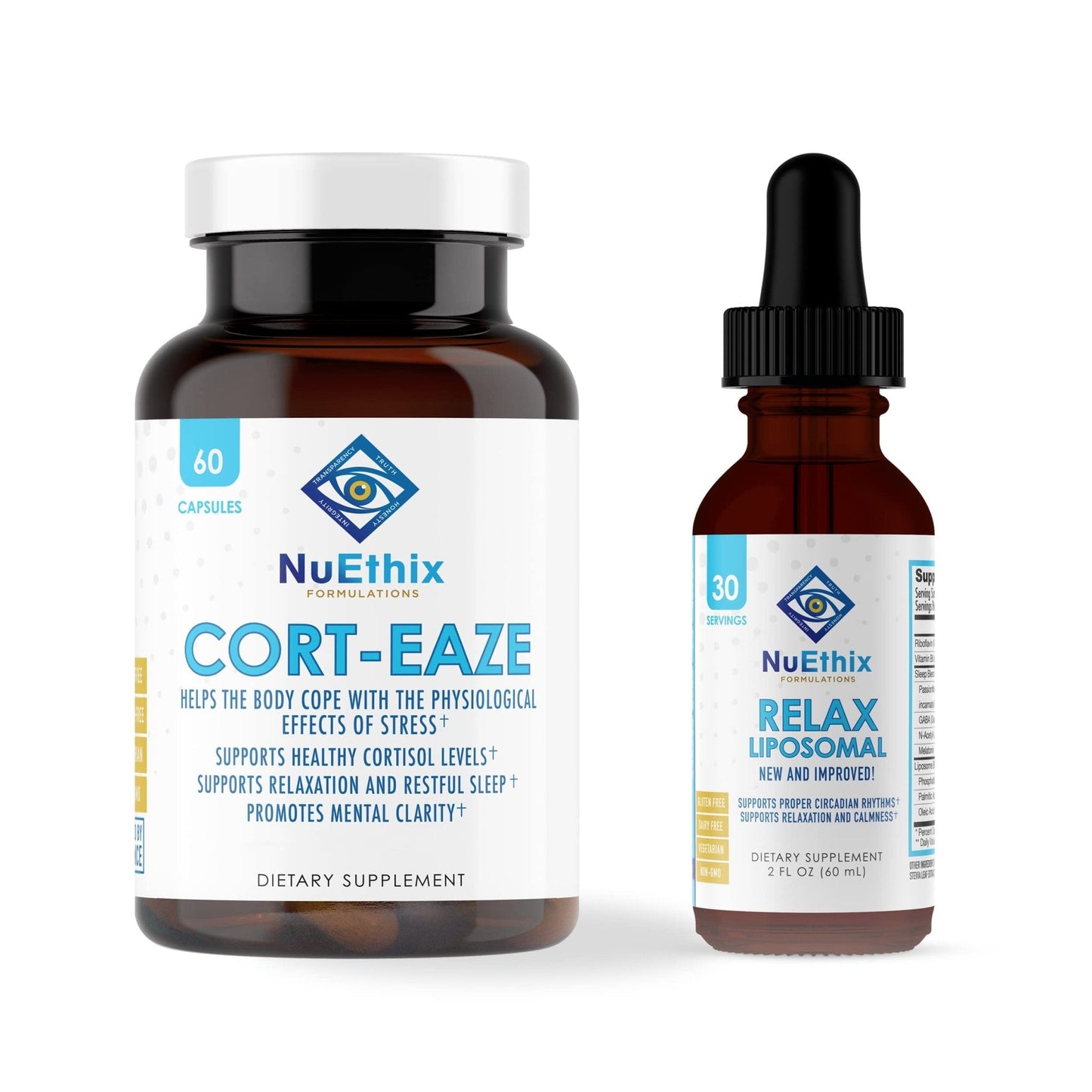 NuEthix Formulations Relaxation Supplement Bundle: Cort-Eaze Cortisol-Control Supplement, 60 Capsules, 30 Servings and Relax Liposomal, 2 Fluid Ounces, 30 Servings - Maple Wellness Supplements
