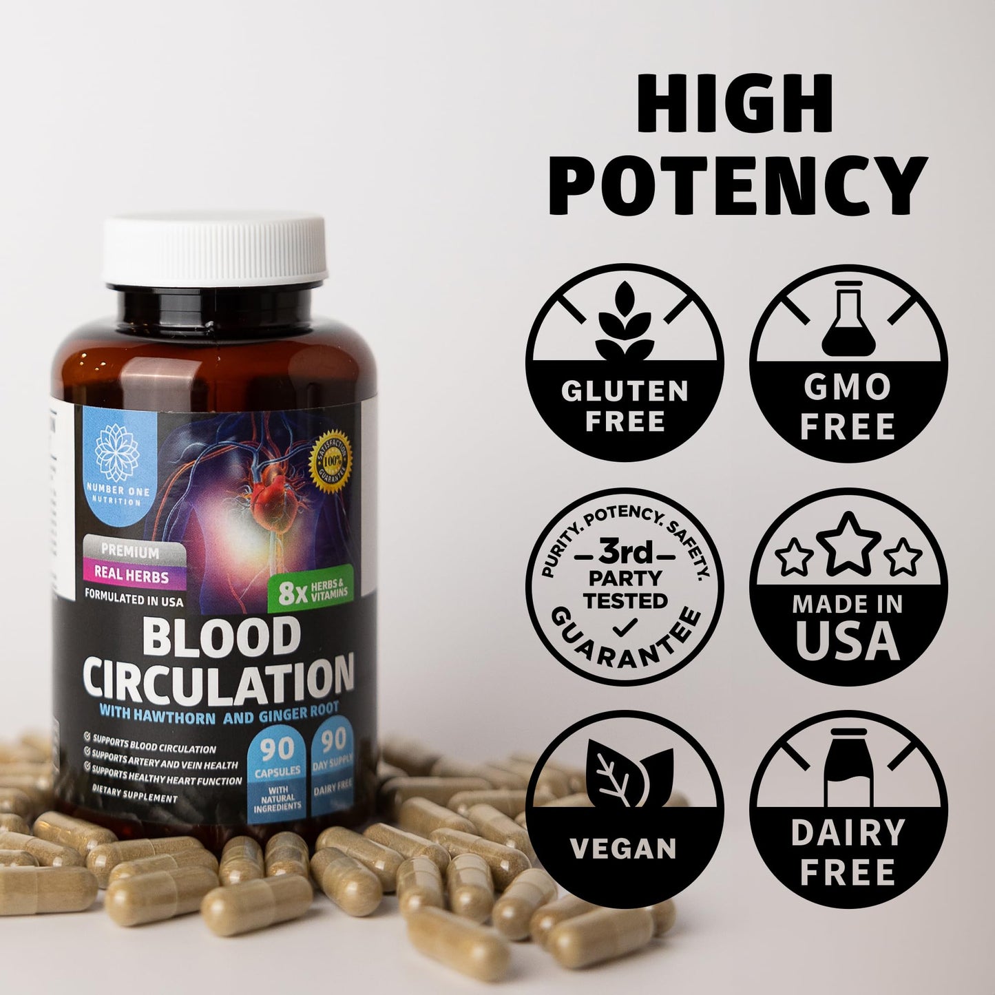 Number One Nutrition Premium Blood Circulation Supplement for Women and Men [8 Powerful Herbs & Vitamins] All Natural Blood Flow Supplement with Hawthorn, Butchers Broom and Cayenne Pepper, 90 Caps - Maple Wellness Supplements