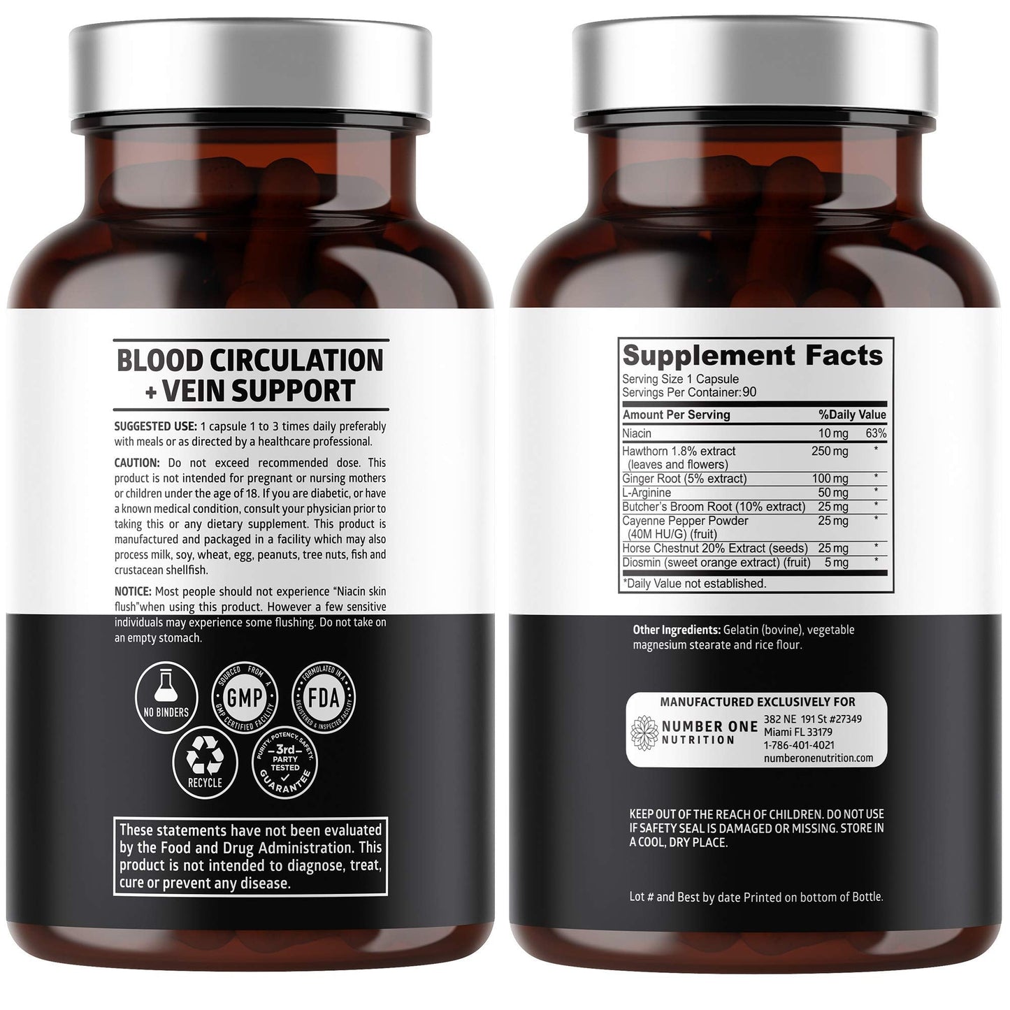 Number One Nutrition Premium Blood Circulation Supplement for Women and Men [8 Powerful Herbs & Vitamins] All Natural Blood Flow Supplement with Hawthorn, Butchers Broom and Cayenne Pepper, 90 Caps - Maple Wellness Supplements