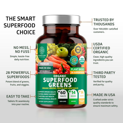 Number One Nutrition USDA Organic and Easy-to-Take Super Greens, Better Than Powder Fruits & Veggies Supplement with 28 Superfood - Maple Wellness Supplements