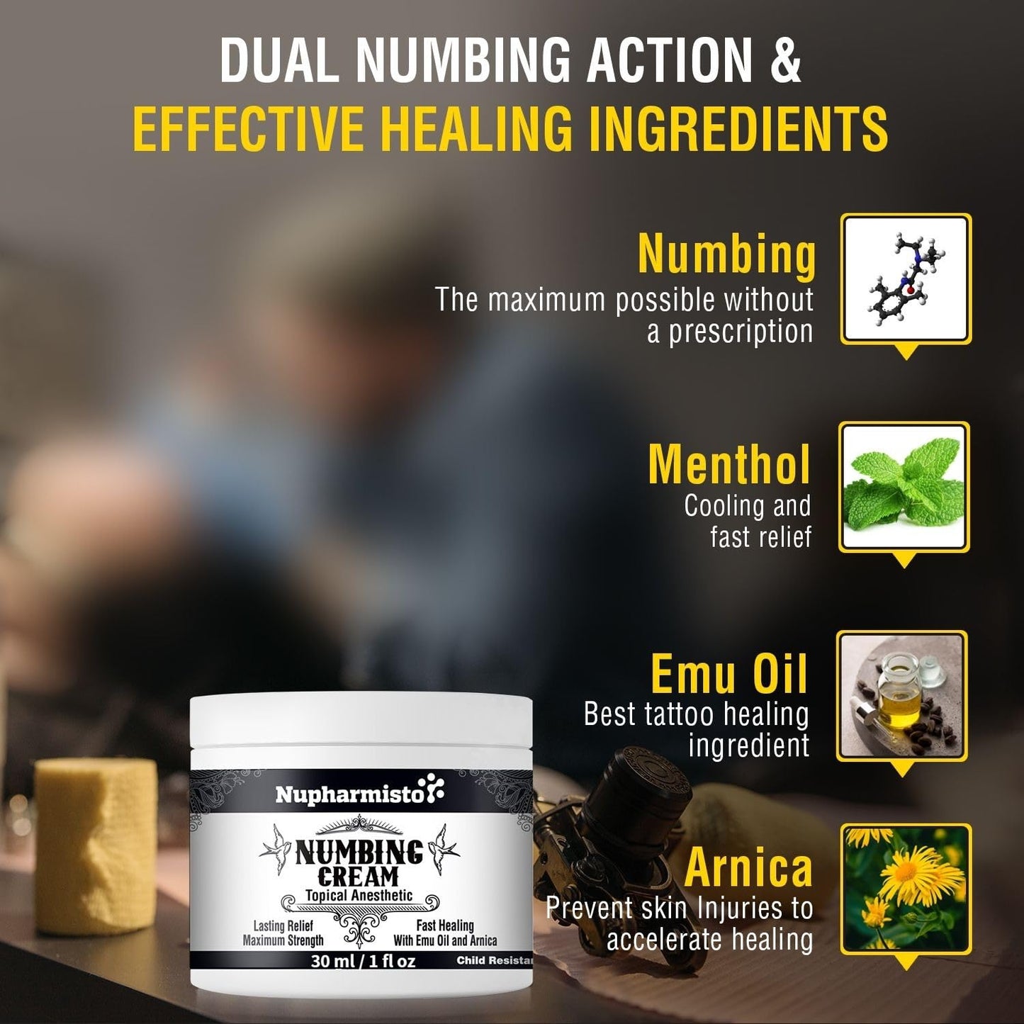 Nupharmisto Numbing Cream Maximum Strength : Long Lasting Numbing Cream with 5X Numbing - Emu Oil and Arnica 30 ml / 1 fl oz - Maple Wellness Supplements