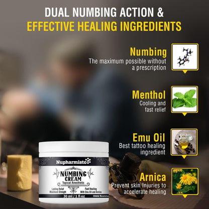 Nupharmisto Numbing Cream Maximum Strength : Long Lasting Numbing Cream with 5X Numbing - Emu Oil and Arnica 30 ml / 1 fl oz - Maple Wellness Supplements
