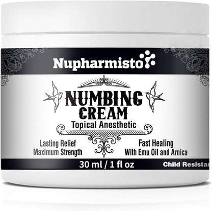 Nupharmisto Numbing Cream Maximum Strength : Long Lasting Numbing Cream with 5X Numbing - Emu Oil and Arnica 30 ml / 1 fl oz - Maple Wellness Supplements