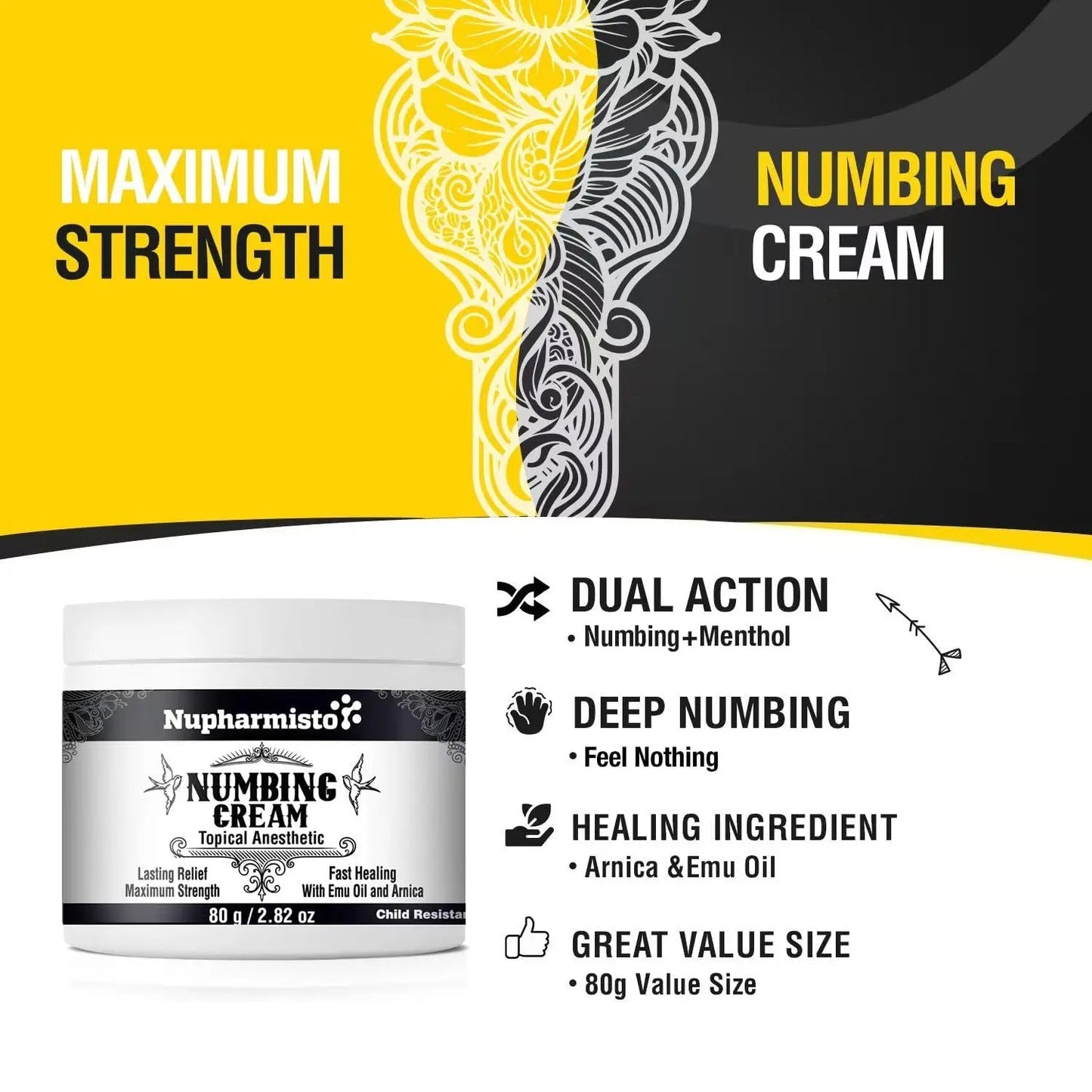 Nupharmisto Numbing Cream Maximum Strength : Long Lasting Numbing Cream with 5X Numbing - Emu Oil and Arnica 80 g / 2.82 oz - Maple Wellness Supplements