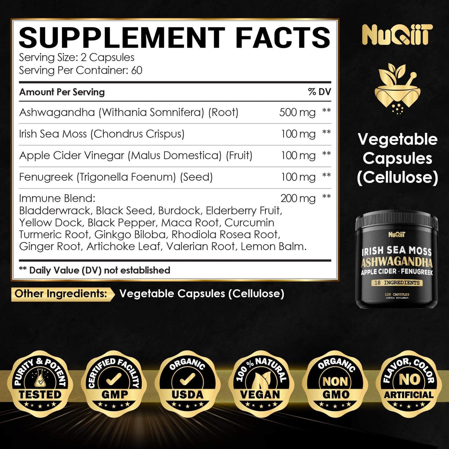NUQIIT Organic Ashwangdha Capsules 15000mg Irish Sea Moss Apple Cider Vinegar & More - Support Brain Health, Strength & Immune System - 120 Vegan Capsules - Maple Wellness Supplements