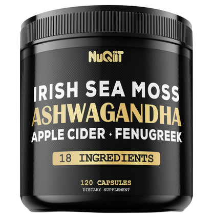 NUQIIT Organic Ashwangdha Capsules 15000mg Irish Sea Moss Apple Cider Vinegar & More - Support Brain Health, Strength & Immune System - 120 Vegan Capsules - Maple Wellness Supplements