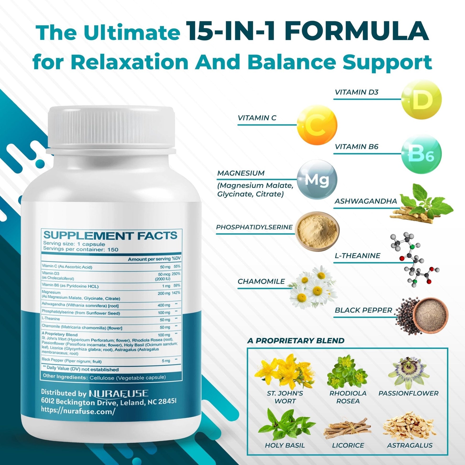 NURAFUSE CORTISOL Health Ashwagandha 15-in-1 Supplement with Magnesium Phosphatidylserine L-Theanine Chamomile Rhodiola Rosea Licorice Holy Basil - Maple Wellness Supplements