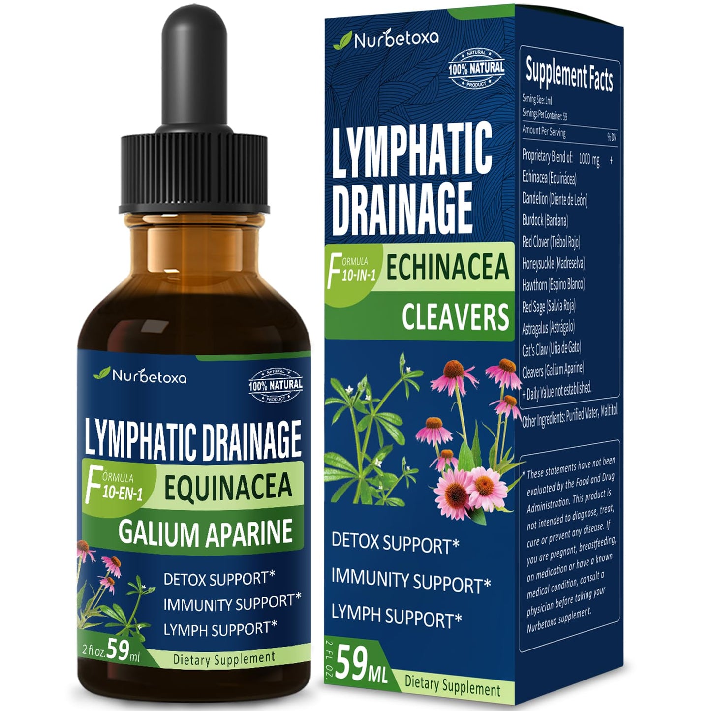 Nurbetoxa Cleavers Lymphatic Drainage Drops for Lymph System Detox Cleanse, Lymphedema Support Supplement Formula w/Echinacea, Cat’s Claw, Red Clover Extract Tincture, Use with Lymph Massage Tool. 2oz - Maple Wellness Supplements