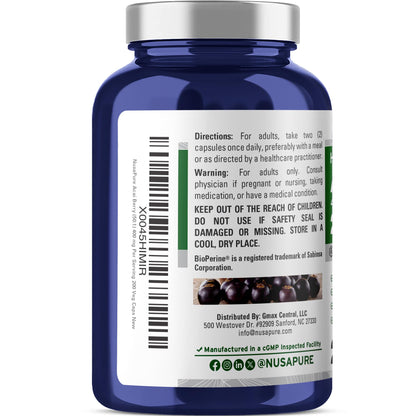 NusaPure Acai Berry 50:1 Extract - Suitable for Vegetarian/Vegan, Non - GMO - 20000 mg - 200 Capsules - Maple Wellness Supplements