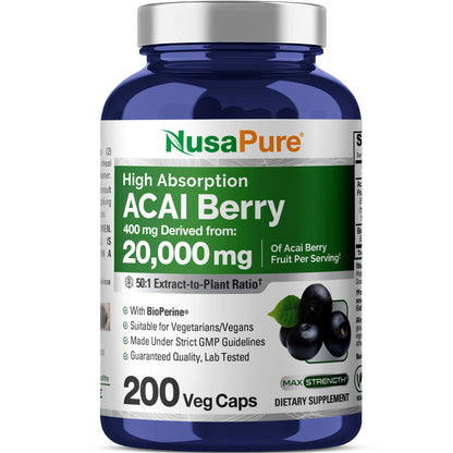 NusaPure Acai Berry 50:1 Extract - Suitable for Vegetarian/Vegan, Non - GMO - 20000 mg - 200 Capsules - Maple Wellness Supplements