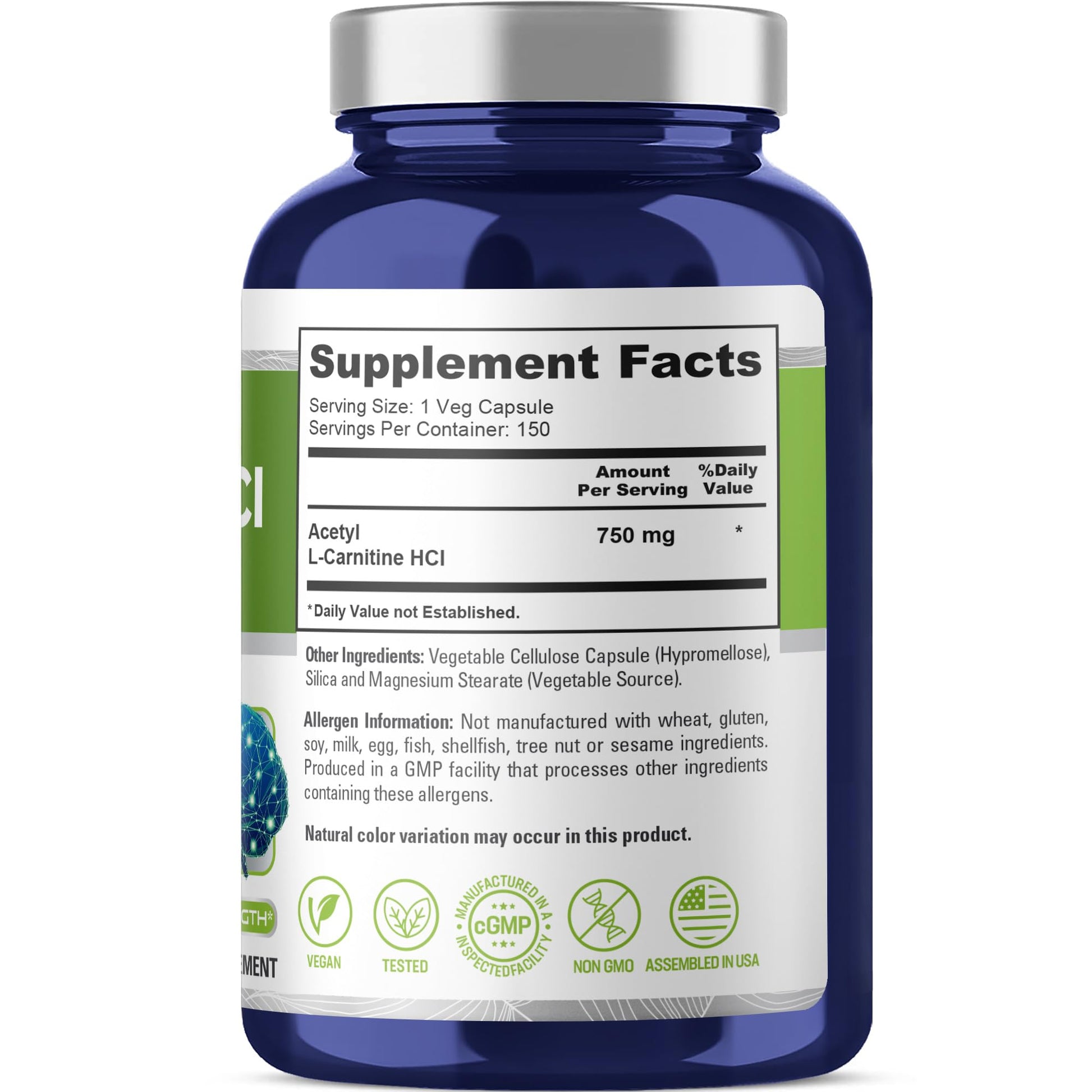 NusaPure Acetyl L-Carnitine 750mg per Caps 150 Veggie Capsules (Non-GMO, Vegan) High Potency Acetyl L Carnitine HCL (ALCAR) - Maple Wellness Supplements