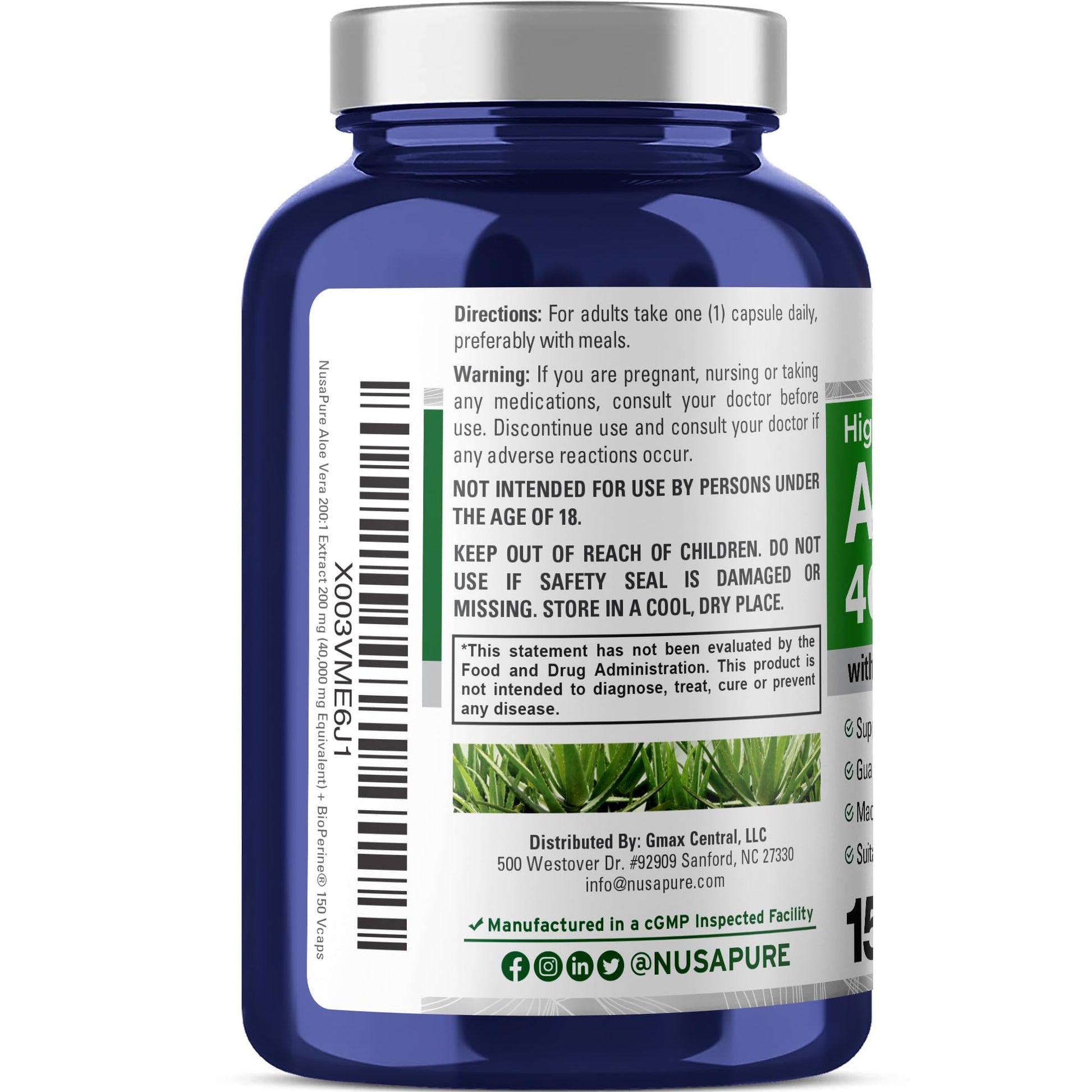 NusaPure Aloe Vera 40,000mg Per Veggie Caps - 150 Count - Aloe Vera Gel Supplement - Extract 200:1, Vegetarian, Non-GMO, Bioperine - Maple Wellness Supplements