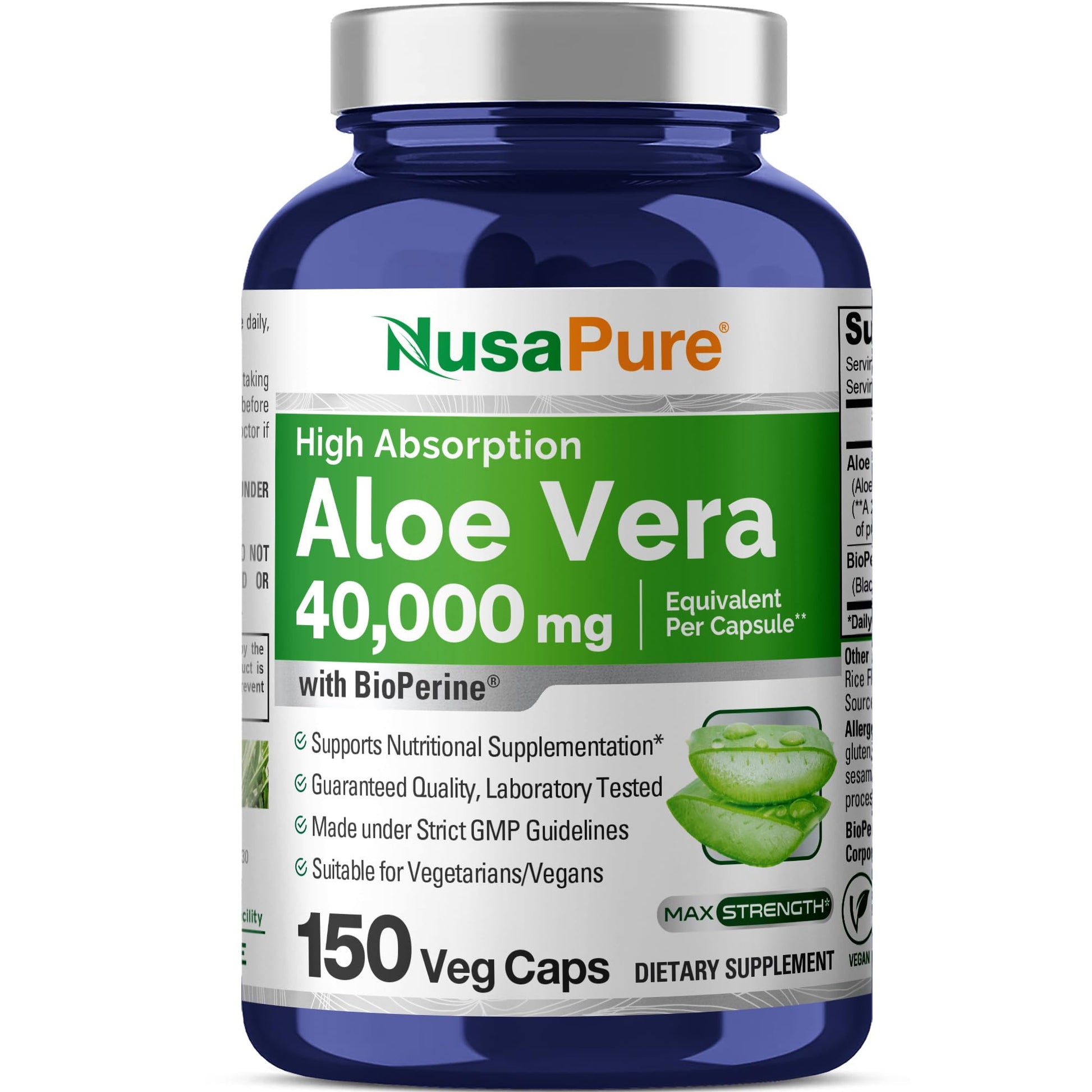 NusaPure Aloe Vera 40,000mg Per Veggie Caps - 150 Count - Aloe Vera Gel Supplement - Extract 200:1, Vegetarian, Non-GMO, Bioperine - Maple Wellness Supplements