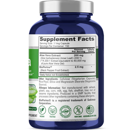 NusaPure Aloe Vera 40,000mg Per Veggie Caps - 150 Count - Aloe Vera Gel Supplement - Extract 200:1, Vegetarian, Non-GMO, Bioperine - Maple Wellness Supplements