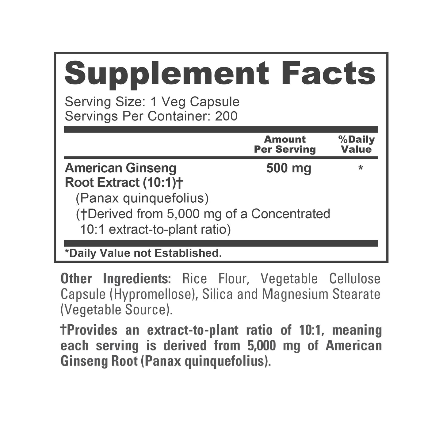 NusaPure American Ginseng 10:1 Extract, 500 mg Equivalent to 5000mg - 200 Veggie Capsules (Vegetarian, Non-GMO, Vegan) - Maple Wellness Supplements