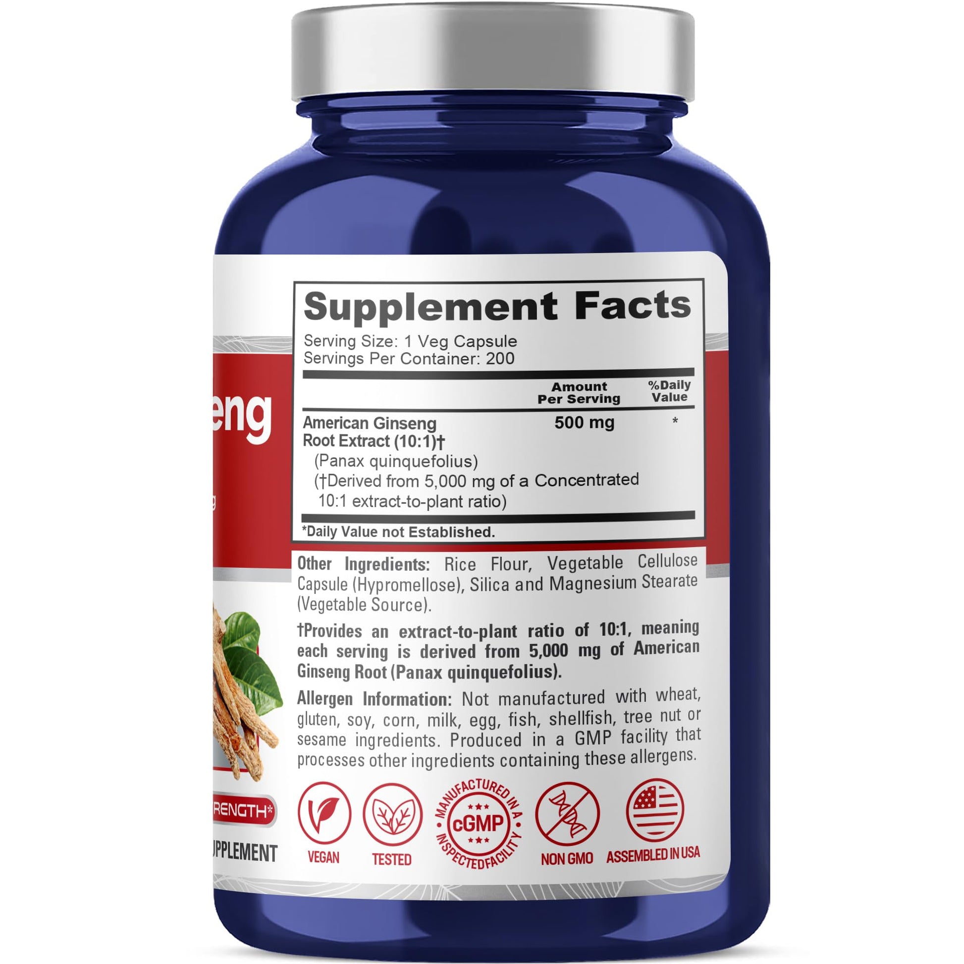 NusaPure American Ginseng 10:1 Extract, 500 mg Equivalent to 5000mg - 200 Veggie Capsules (Vegetarian, Non-GMO, Vegan) - Maple Wellness Supplements