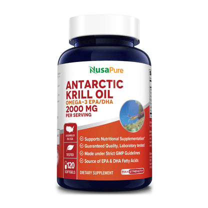NusaPure Antarctic Krill Oil 2000 mg 120 Softgels, Omega-3 EPA 360mg, DHA 240mg - Maple Wellness Supplements