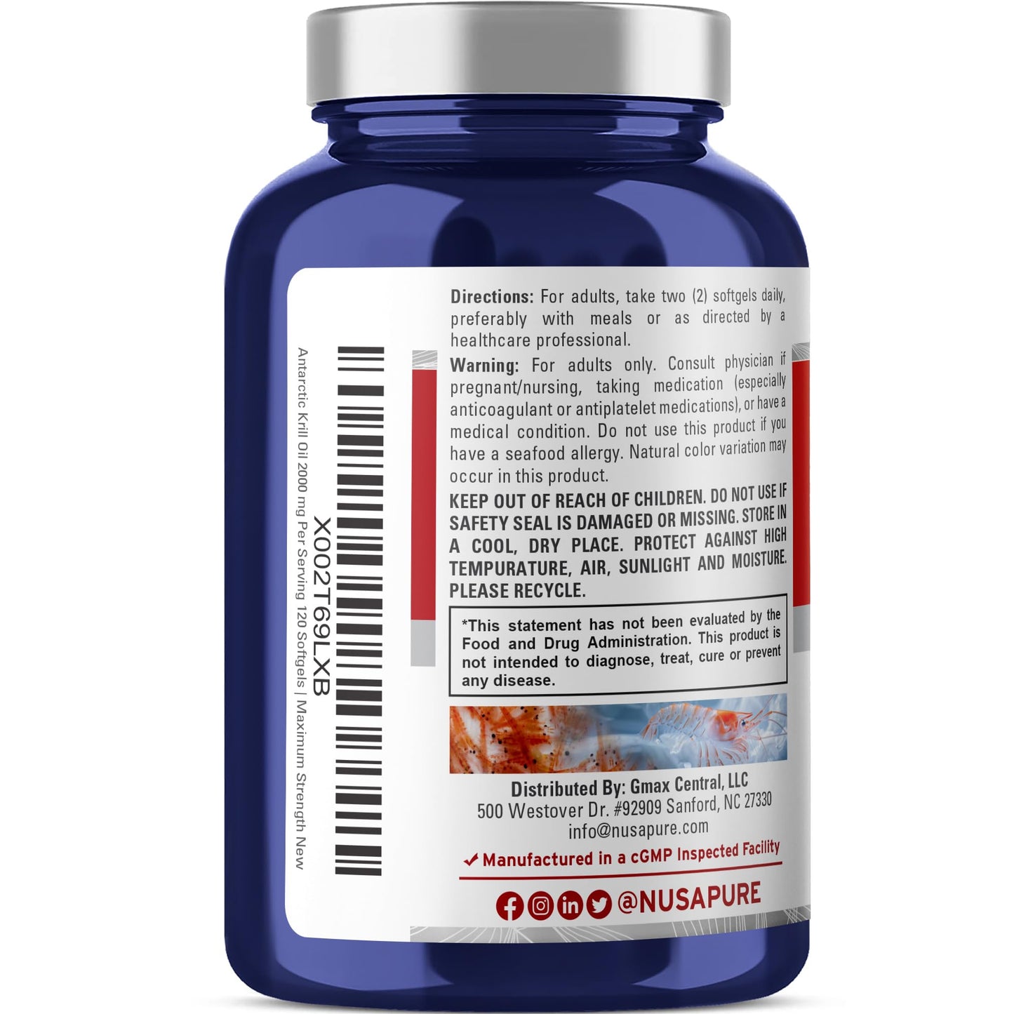 NusaPure Antarctic Krill Oil 2000 mg 120 Softgels, Omega-3 EPA 360mg, DHA 240mg, Soyfree Astaxanthin Supplement Sourced from Krill 800ppm - Maple Wellness Supplements