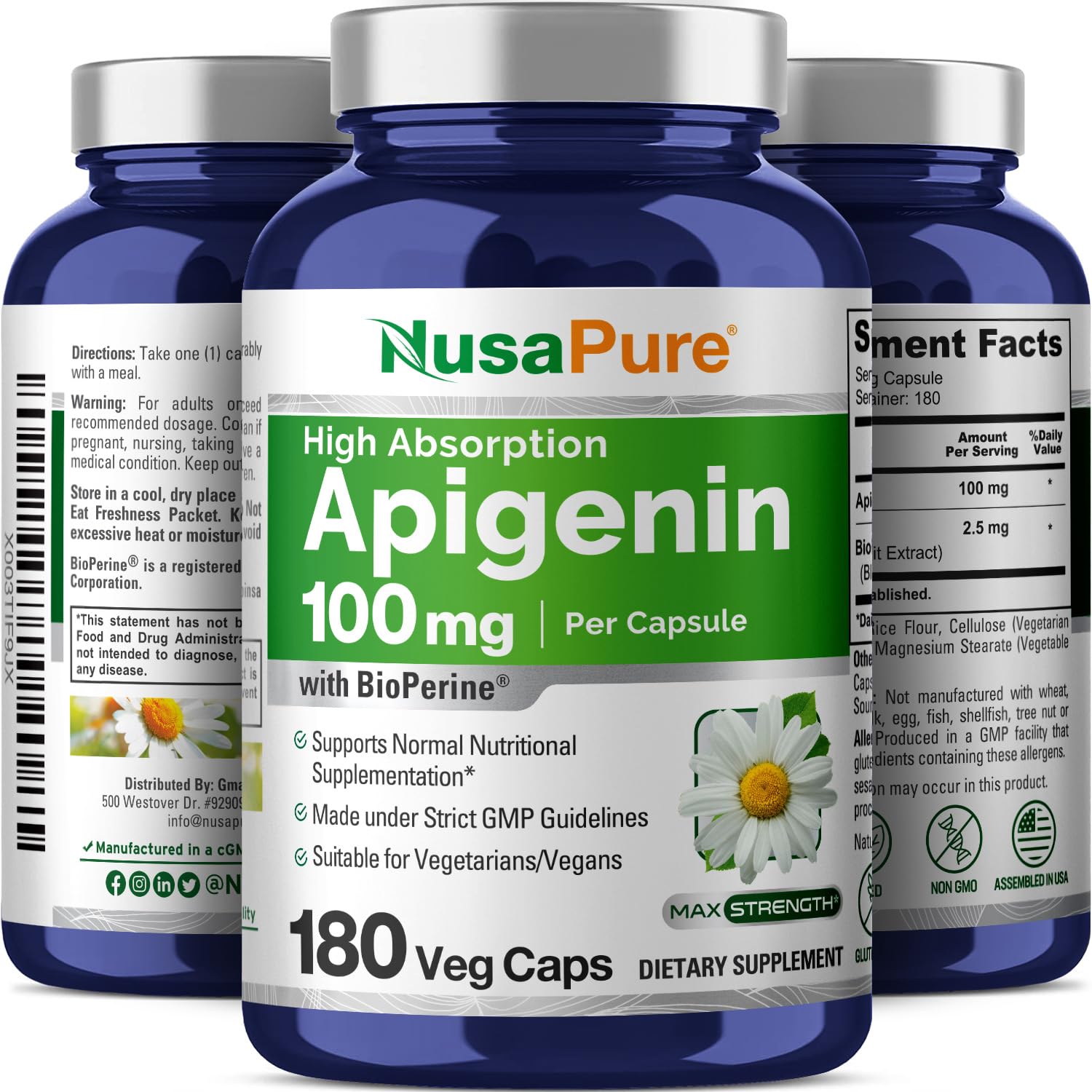NusaPure Apigenin 100 mg per Capsule 180 Vcaps - Bioperine (Non-GMO, Gluten Free) - Maple Wellness Supplements