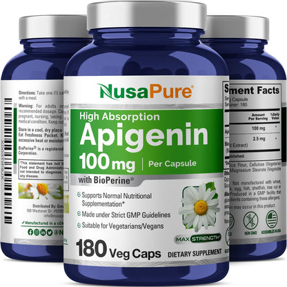 NusaPure Apigenin 100 mg per Capsule 180 Vcaps - Bioperine (Non-GMO, Gluten Free) - Maple Wellness Supplements