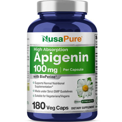 NusaPure Apigenin 100 mg per Capsule 180 Vcaps - Bioperine (Non-GMO, Gluten Free) - Maple Wellness Supplements