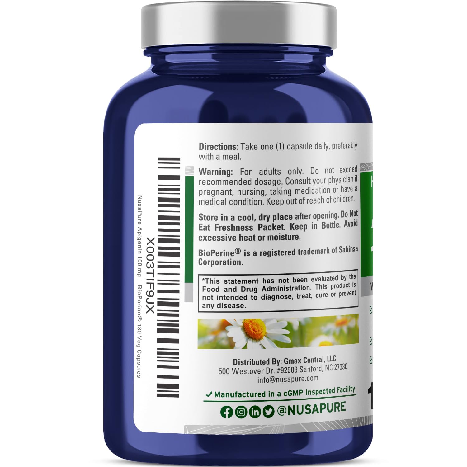 NusaPure Apigenin 100 mg per Capsule 180 Vcaps - Bioperine (Non-GMO, Gluten Free) - Maple Wellness Supplements