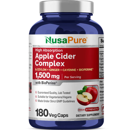 NusaPure Apple Cider Vinegar Complex 1500 mg 180 Veg Caps Suitable for Vegetarians and Vegans, Non-GMO - Maple Wellness Supplements