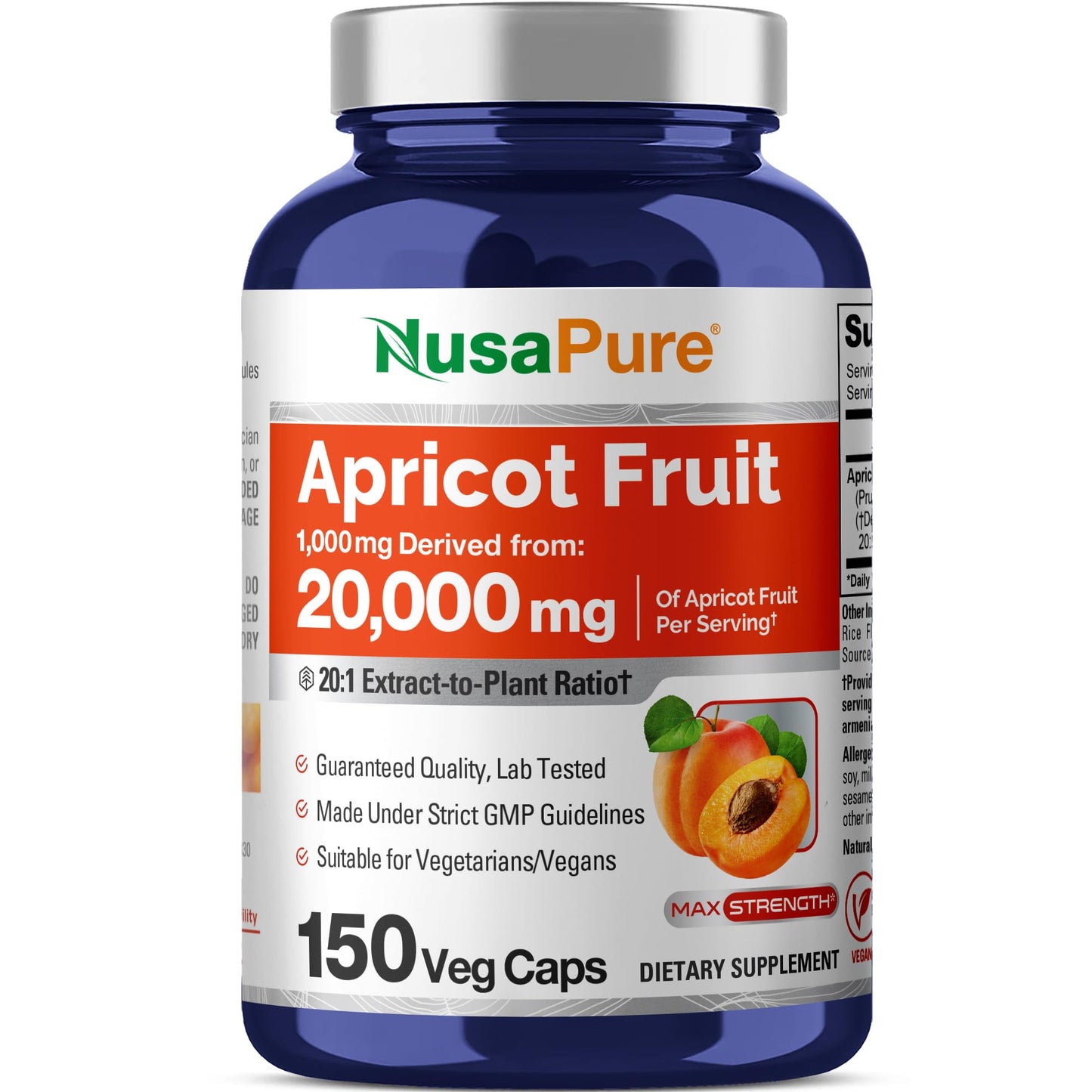 NusaPure Apricot 20:1 Extract, 1000 mg Equivalent to 20,000mg 150 Veggie Capsules (Vegan, Non-GMO) - Maple Wellness Supplements