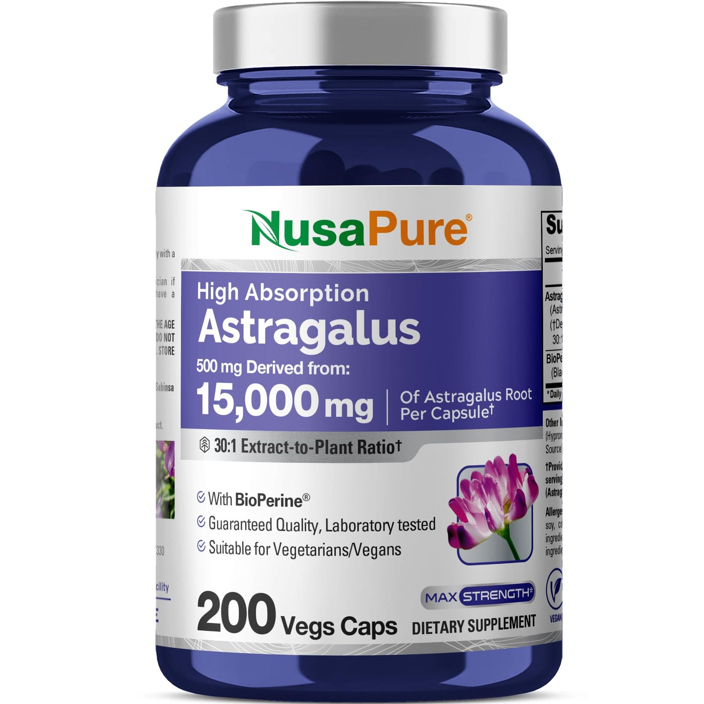 NusaPure Astragalus Root 30:1 Extract, 500 mg Equivalent to 15,000 mg 200 Veg Caps Suitable for Vegetarians and Vegans, Non-GMO - Maple Wellness Supplements