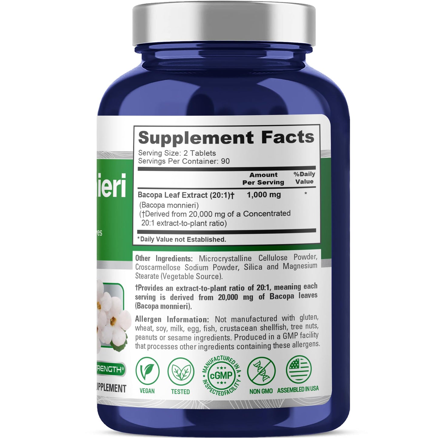 NusaPure Bacopa Leaf Monnieri Extract 20,000 mg 180 Tablets (Extract 20:1, Non-GMO, Gluten Free & Vegan) - Maple Wellness Supplements