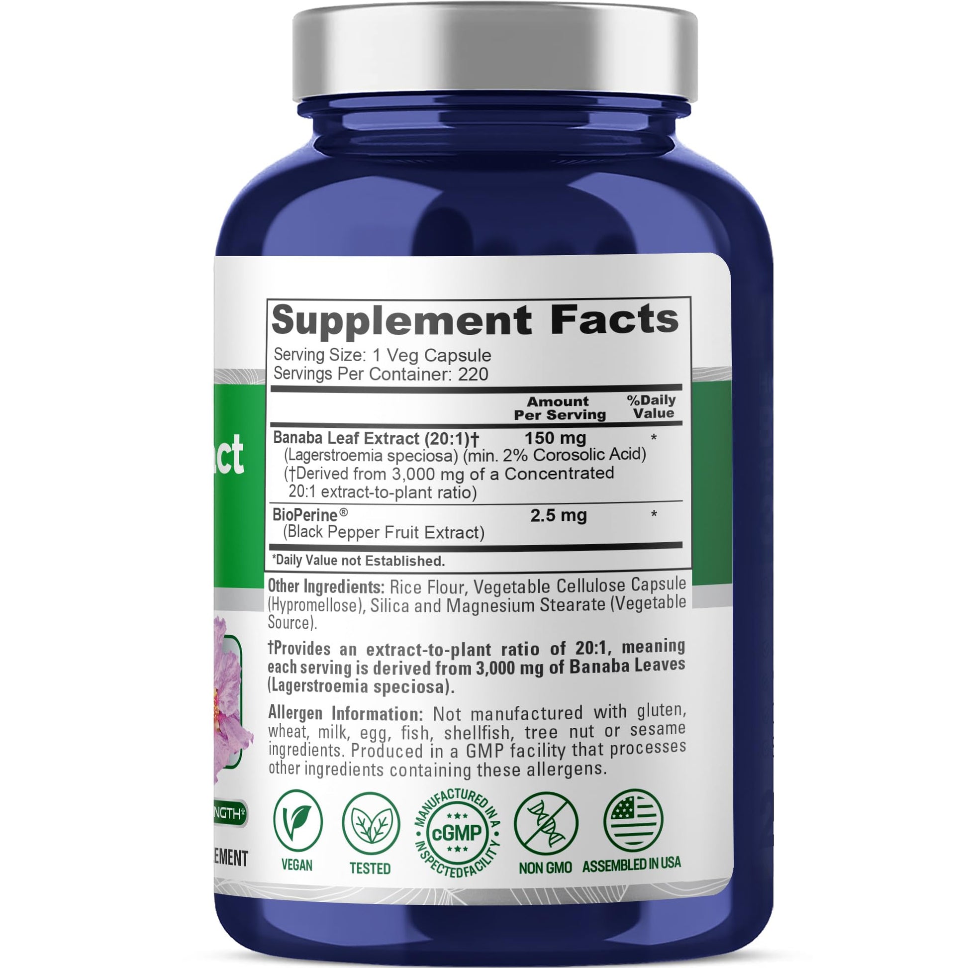 NusaPure Banaba Leaf 20:1 Extract, 150 mg Equivalent to 3,000mg Veg Caps, 220 Days Supply (Non-GMO & Vegan) 2% Corosolic Acid - Maple Wellness Supplements