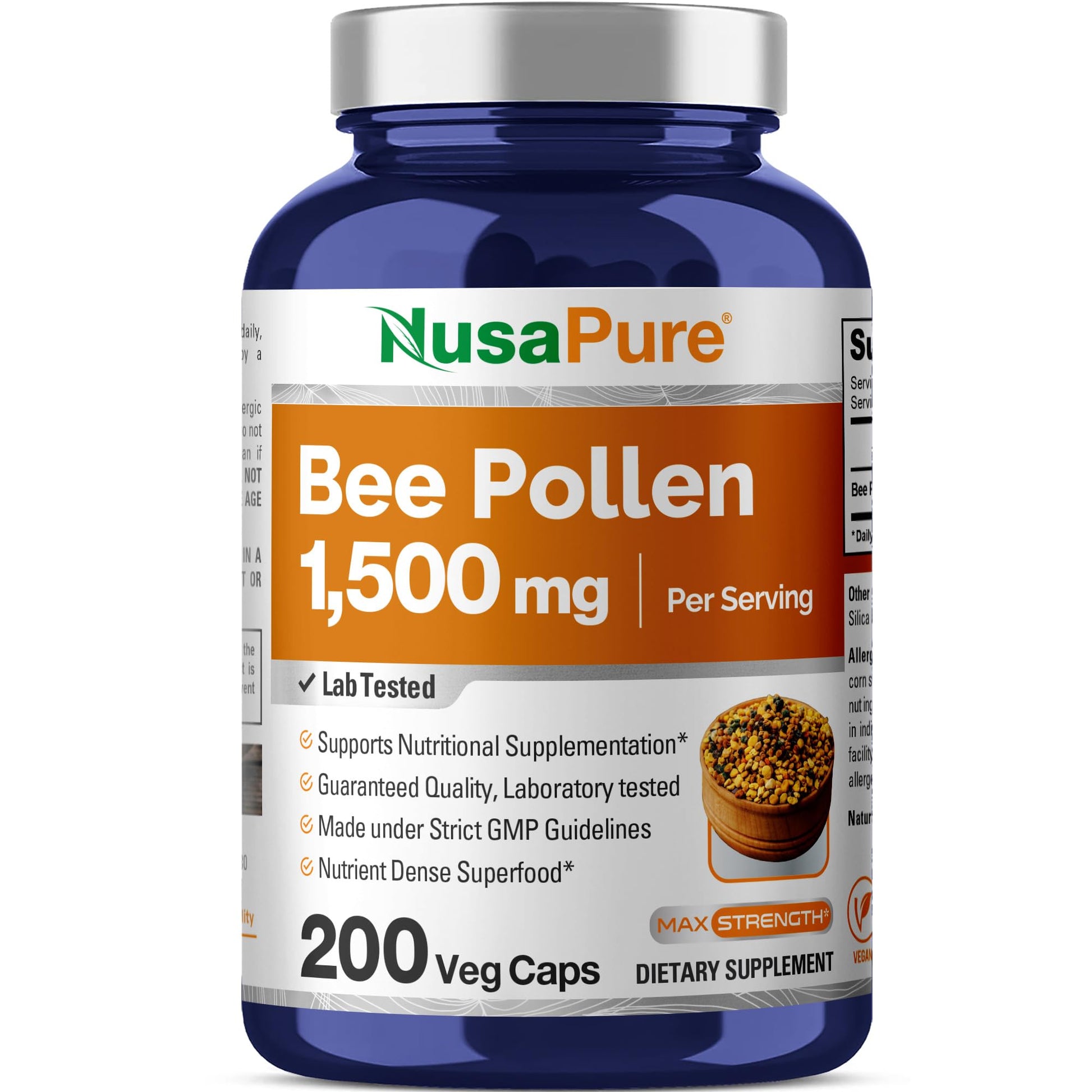 NusaPure Bee Pollen 1500mg 200 Veggie Caps (100% Vegetarian, Non-GMO, Vegan) Naturally Occurring Proteins, Aminoacids - Maple Wellness Supplements