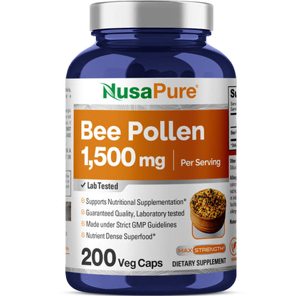 NusaPure Bee Pollen 1500mg 200 Veggie Caps (100% Vegetarian, Non-GMO, Vegan) Naturally Occurring Proteins, Aminoacids - Maple Wellness Supplements